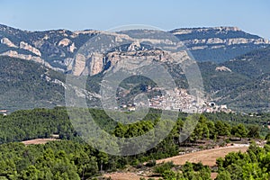 Panoramic view of Penyarroya de Tastavins and the Masmut rock formation in Teruel, Aragon , Spain photo