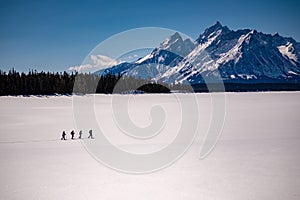 Panoramic view of the people hiking in the Grand Teton National Park. Wyoming