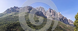 Panoramic view at the Picos de Europa, or Peaks of Europe, a mountain range extending for about 20 km, forming part of the photo