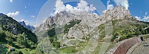 Panoramic view at the Picos de Europa, or Peaks of Europe, a mountain range extending for about 20 km, forming part of the photo