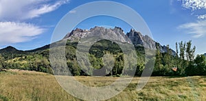 Panoramic view at the Picos de Europa, or Peaks of Europe, a mountain range extending for about 20 km, forming part of the photo