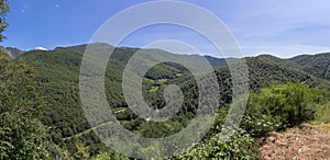 Panoramic view at the Picos de Europa, or Peaks of Europe, a mountain range extending for about 20 km photo