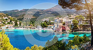 Panoramic view of the picturesque fishing village of Assos on the island of Kefalonia, Greece