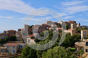 Panoramic view of Pigna, a picturesque artists' village in Balagne. Corsica, France.