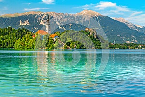 Panoramic view with Pilgrimage church and lake Bled, Slovenia