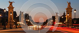 The panoramic view of pillars bridge Alexandre III, Paris, France