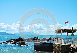 Panoramic view of Piombino, Livorno, rocks and sea, Italy