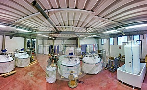 Panoramic view of pipelines in a water purification plant, industrial concept