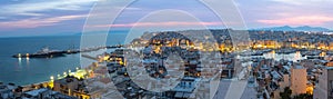 Panoramic view of Piraeus, the city port near Athens in Greece after sunset