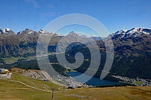 Panoramic view from Piz Nair cable car station to the Bernina mountains in the upper Engadin
