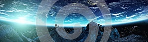 Panoramic view of planet Earth with asteroids flying close 3D re