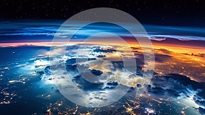 Panoramic view on planet Earth globe from space. Glowing city lights, light clouds. Generative AI