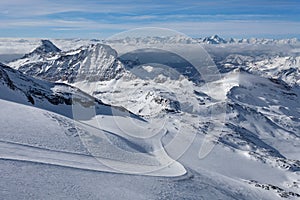 Panoramic view from Plateau Rose at the ski slopes and Cervinia, Italy