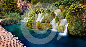 Panoramic view of Plitvice National Park at afternoon. Beautiful summer scene of pure water waterfalls. Splendid landscape of Croa