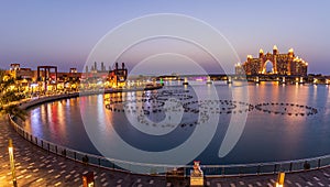 Panoramic View of The Pointe Palm Jumeirah and Atlantis Hotel during Blue Hour. Dubai - UAE. March 2