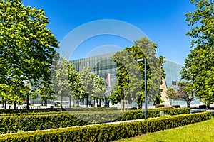 Panoramic view of POLIN Museum of the History of Polish Jews in historic Jewish ghetto quarter in Warsaw city center, Poland