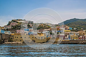 Panoramic view of Ponza with colored houses on the tyrrhenian sea