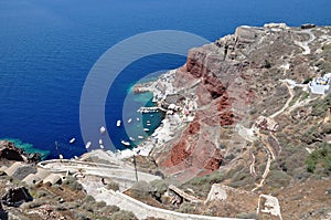 Panoramic view from Port Amoudi in Oia. Santorini Island, Greece.