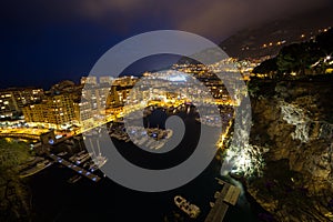 Panoramic view of Port de Fontvieille at night in Monaco. Azur c