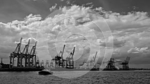 Panoramic view of the Port of Hamburg with cranes