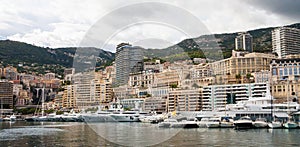 Panoramic view of Port Hercule in Monaco on a cloudy day
