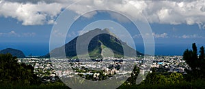 Panoramic view of Port Louis, Mauritius against a high rocky mountain