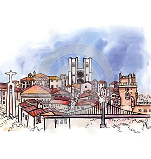 The panoramic view of Portugal watercolor