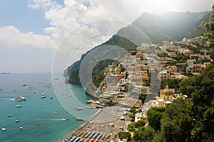 Panoramic view of Positano village in a sunny day, Amalfi Coast, Italy