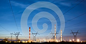 Panoramic view of a power station at dusk