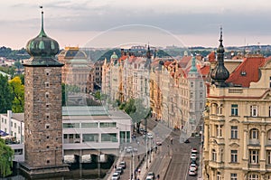 Panoramic view of Prague historic waterfront architecture at sunset