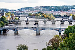 Panoramic View of Prague with Historical Bridges Over River