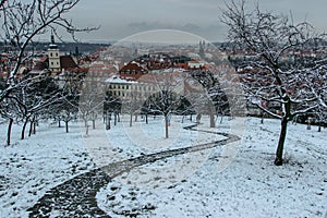 Panoramic view of Prague from Petrin Hill and Gardens, Czech republic. Prague winter panorama.Snowy day in the city.Amazing