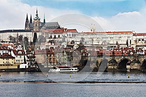 Panoramic view of PragueCity, gothic Castle above the River Vltava
