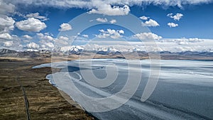 Panoramic view of a Pumoyum Co lake and Himalayes in Shannan city, Tibet