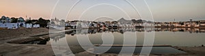 Panoramic view of the Pushkar Lake at sunset, Pushkar, Rajasthan, India