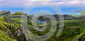 Panoramic view of Quiraing coastline in Scottish highlands