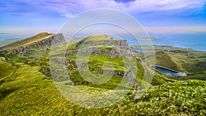 Panoramic view of Quiraing coastline in Scottish highlands