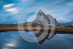 Panoramic view of Ra Gusela peak in front of mount Averau and Nuvolau, in Passo Giau, high alpine pass near Cortina d`Ampezzo