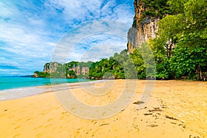 Panoramic view of Railay beach Krabi, Thailand. Beautiful tropical paradise with fresh blue water, hot sand and limestone rock