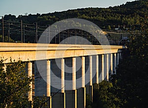 Panoramic view on railway flyover for passenger train TGV.