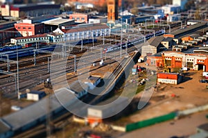 Panoramic view of the railway junction of the city with the effect of tilt-shift in Moscow