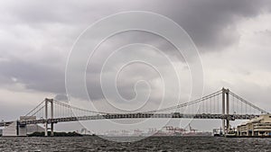 Panoramic view of the Rainbow Bridge in Tokyo, Japan, on a rainy day with cloudy sky