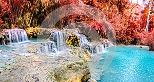 Panoramic view of rainforest waterfall, Tat Kuang Si Waterfall at Luang Prabang, Loas