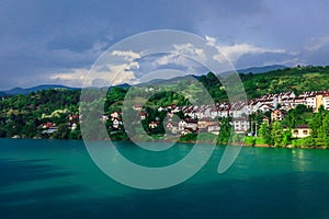 Panoramic View in the Rainy Day to the  ViÅ¡egrad with the Rainbow over the Drina River,