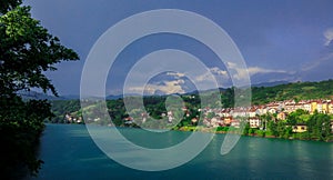 Panoramic View in the Rainy Day to the  ViÅ¡egrad with the Rainbow over the Drina River,