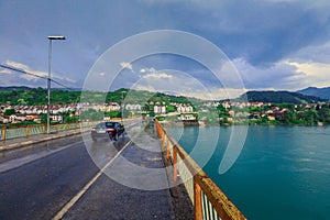 Panoramic View in the Rainy Day to the  ViÅ¡egrad with the Rainbow over the Drina River,