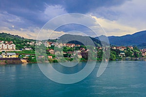 Panoramic View in the Rainy Day to the  ViÅ¡egrad with the Rainbow over the Drina River,