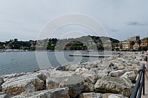 Panoramic view of Rapallo city on the Tigullio gulf . Liguria, Italy