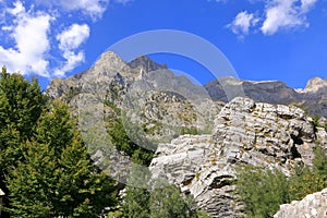 Panoramic view of raw mountain landscapes from the Albanian Alps between Theth and Valbona, Albania