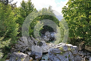 Panoramic view of raw mountain landscapes from the Albanian Alps between Theth and Valbona, Albania